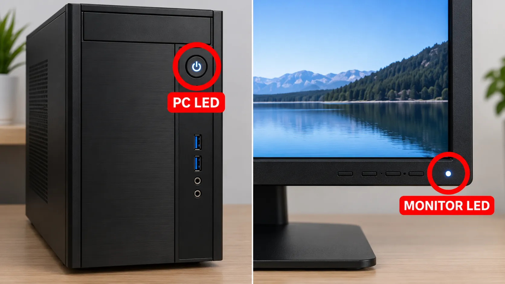 Side-by-side PC power LED and monitor power LED with red circles