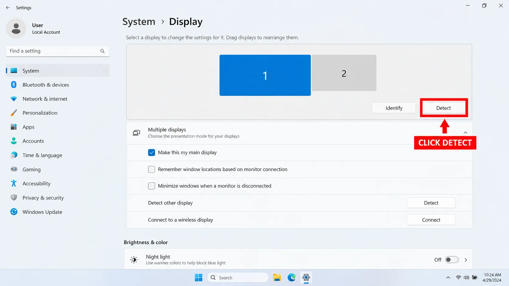 Windows Display settings Multiple displays section with Detect circled in red