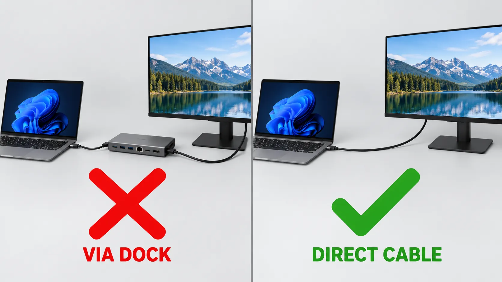 Diagram showing dock path with red X and direct cable path with green check