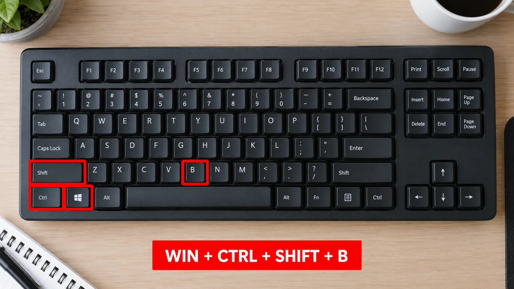 Keyboard diagram highlighting Windows, Ctrl, Shift, and B keys with a red box