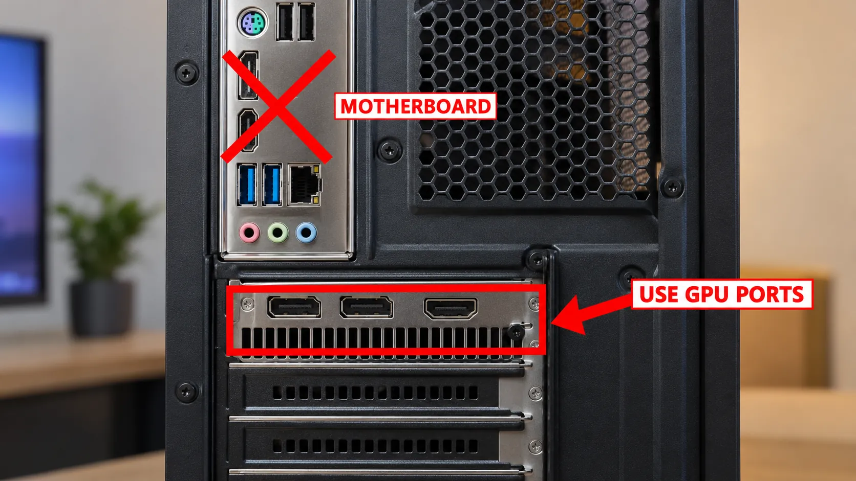PC rear panel with arrow to GPU ports and red X on motherboard video ports