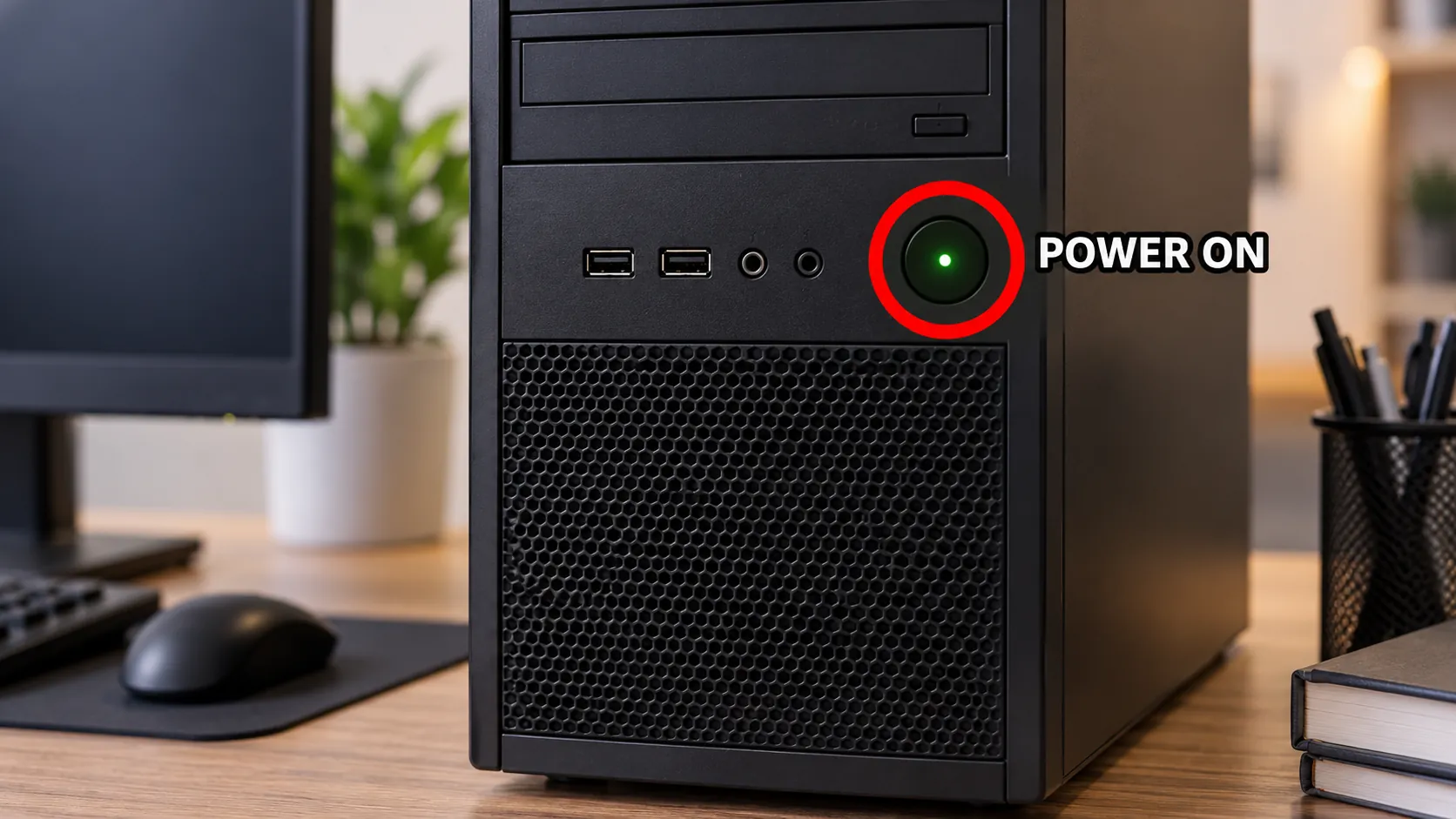 Desktop PC case with power LED circled in red