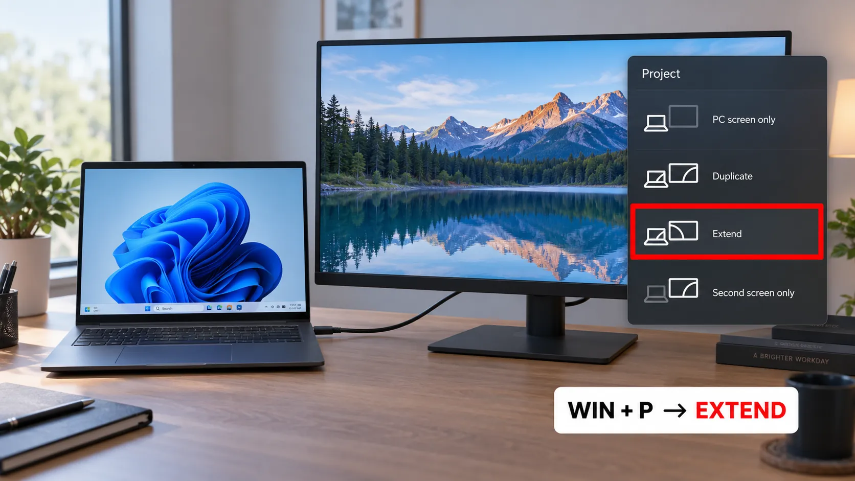 Laptop and external monitor with Win+P projection modes labeled