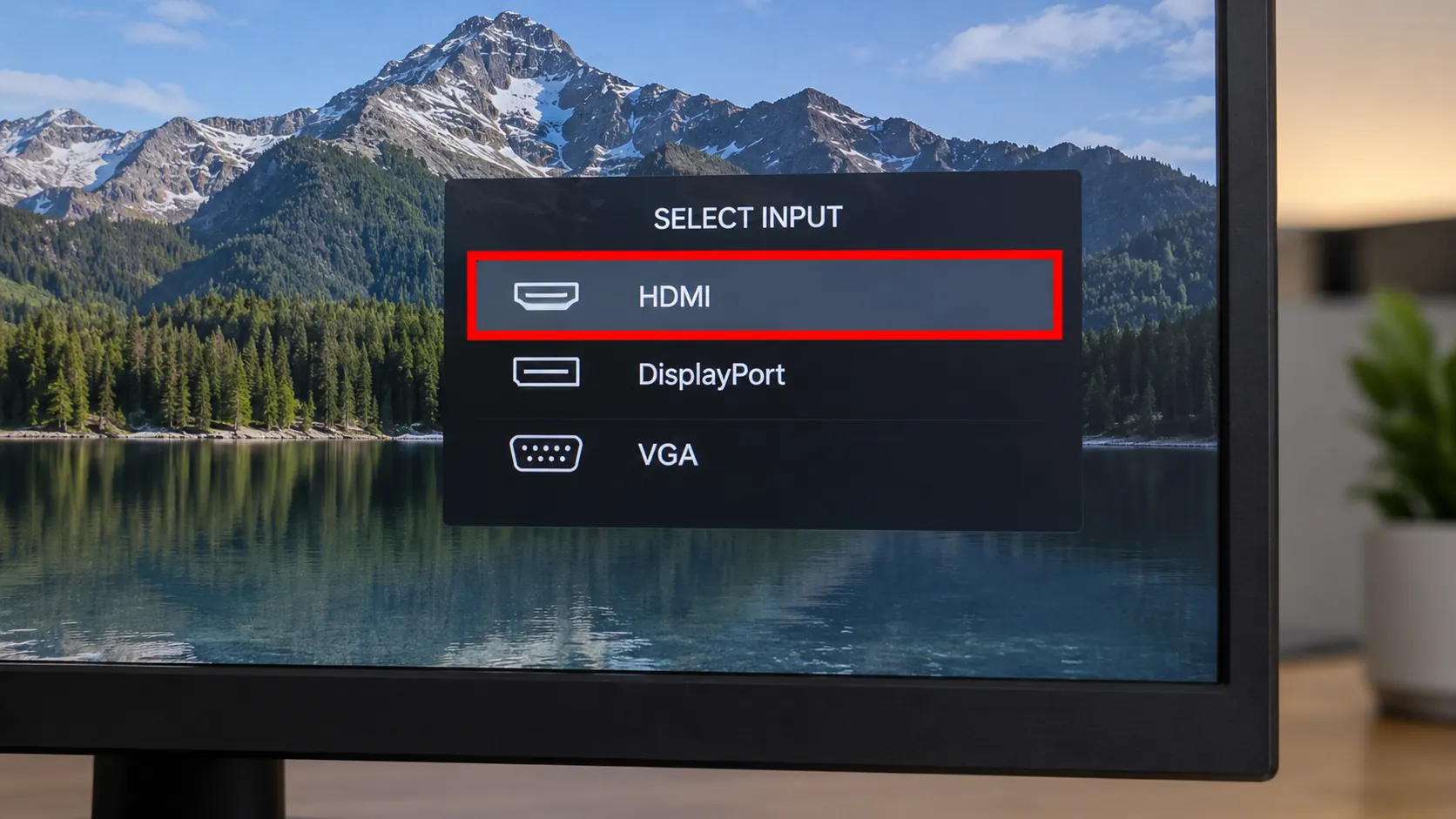 Monitor on-screen display with HDMI or DisplayPort input highlighted by a red box