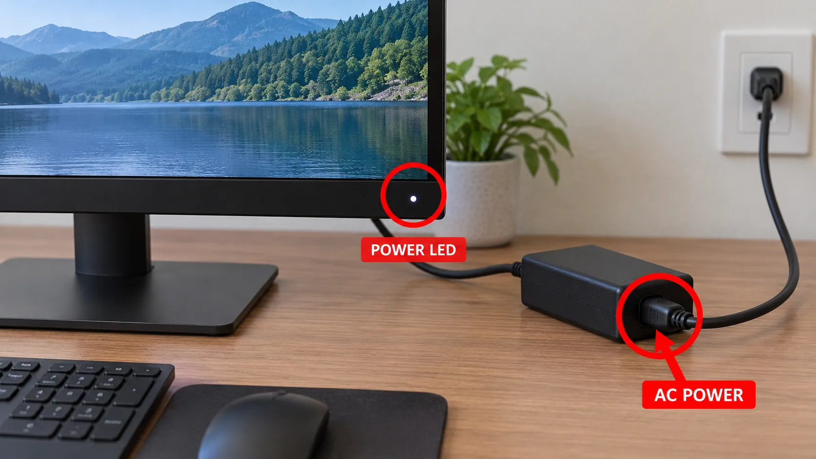 Monitor power brick and LED with red circle on the LED